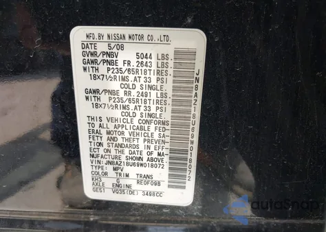 2009 Nissan Murano Sl из США, поврежденный, VIN JN8AZ18U69W018072